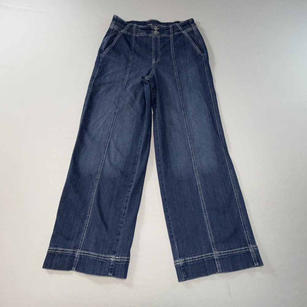 Chico's Pull On Wide Leg Jeans High Rise Seamed Pants Size 10R Dark Wash 31x30